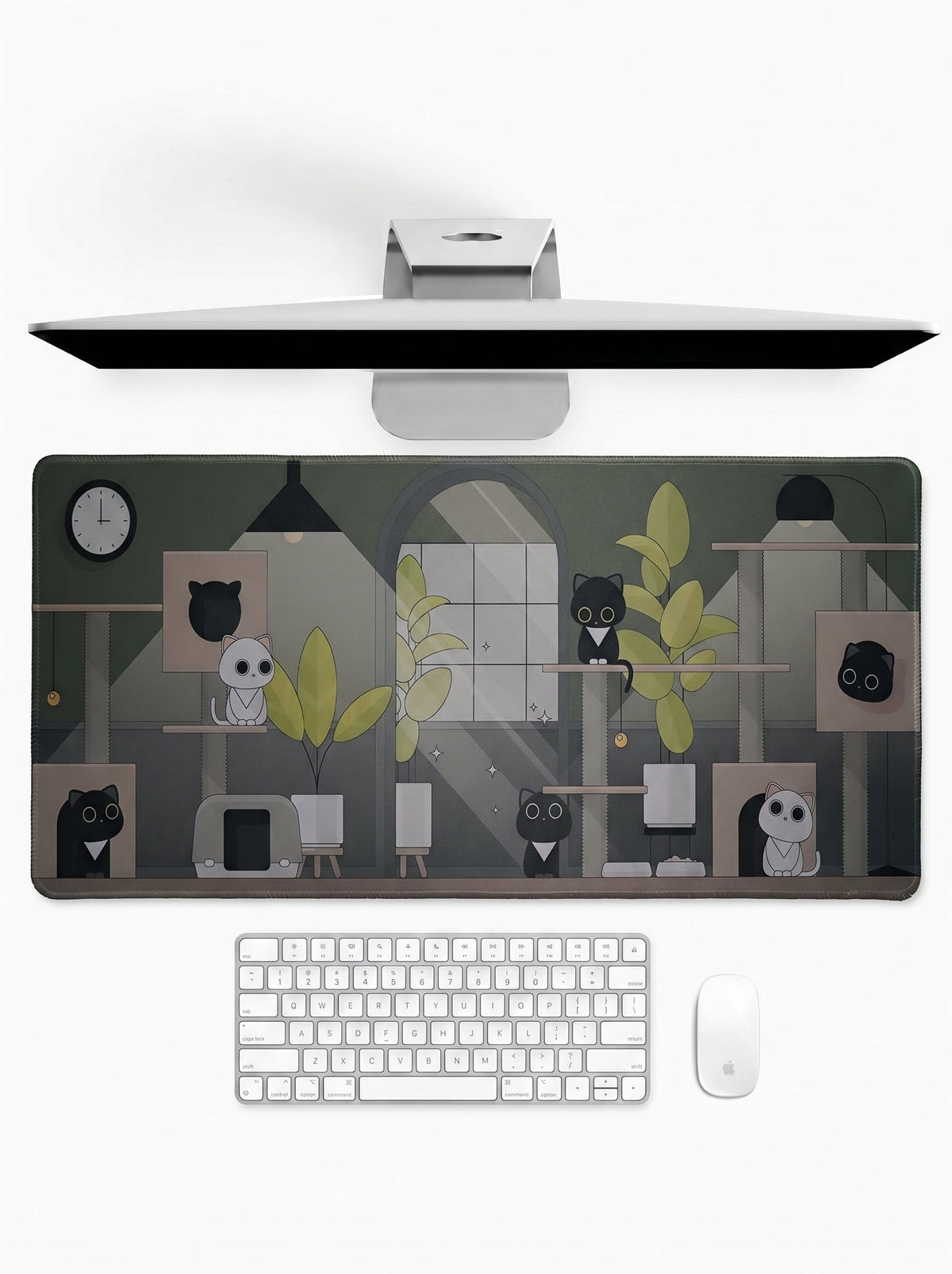Cozy Cat Haven Deskmat featuring cats resting in a warm, sunlit interior
