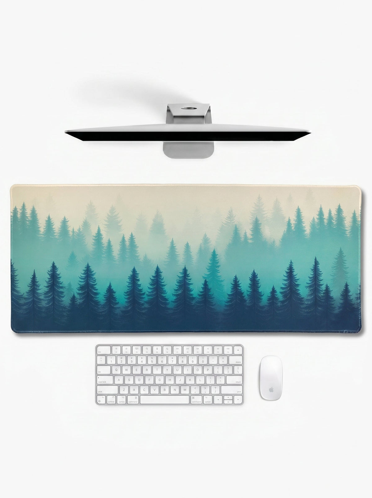 Serene Forest XL deskmat on a calm, minimalist desk setup