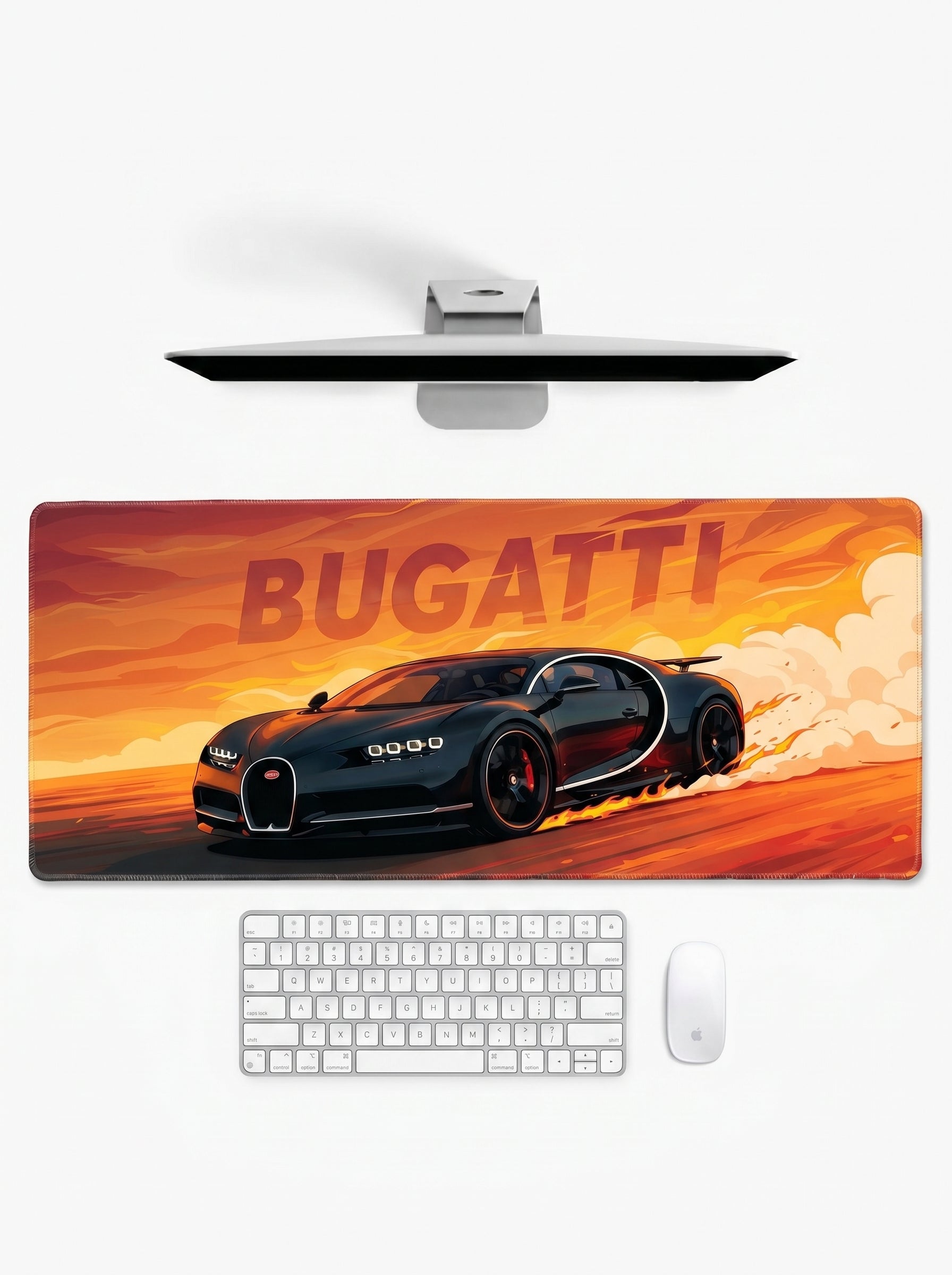 Chiron Velocity XL deskmat featuring a black hypercar racing through an orange backdrop