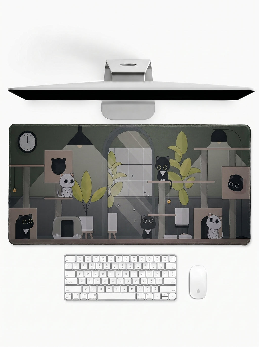 Cozy Cat Haven deskmat featuring cute cats, indoor plants, and cozy room artwork with stitched edges