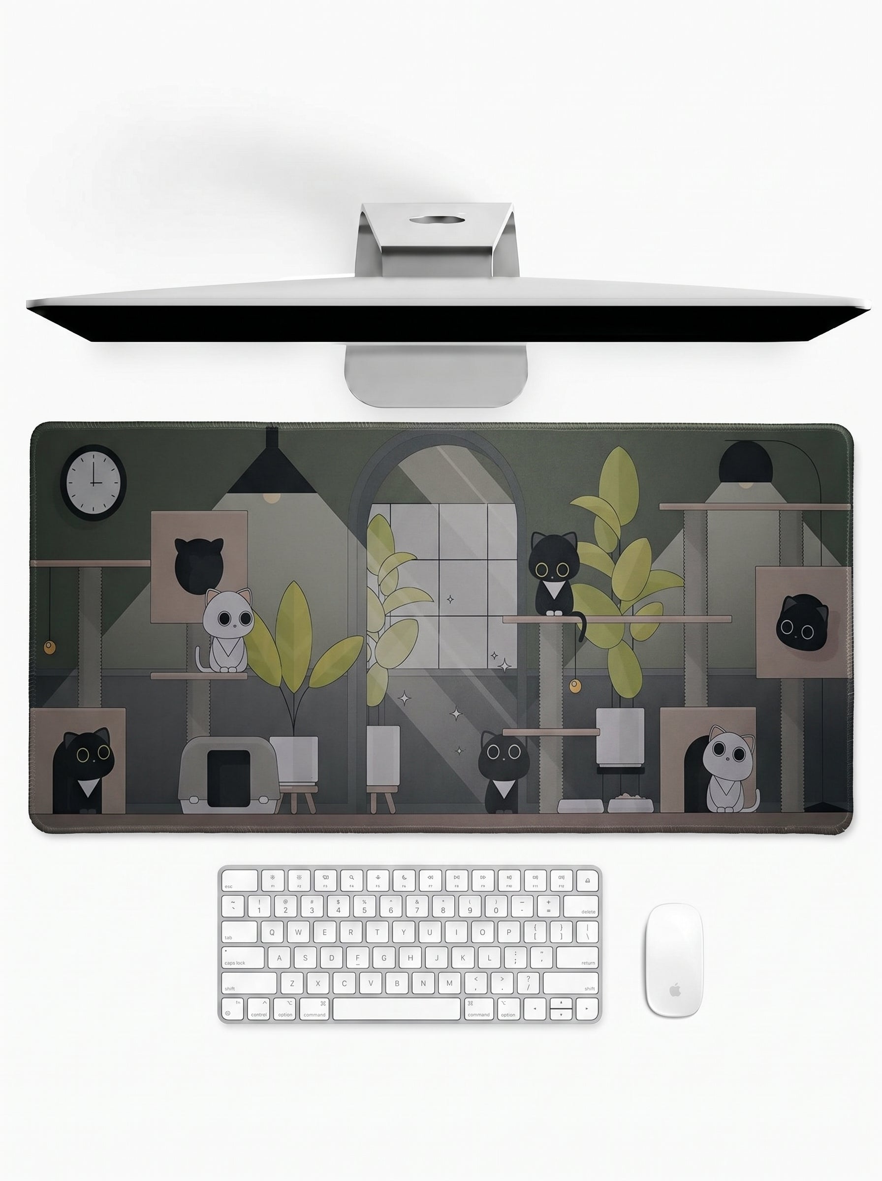 Cozy Cat Haven deskmat featuring cute cats, indoor plants, and cozy room artwork with stitched edges