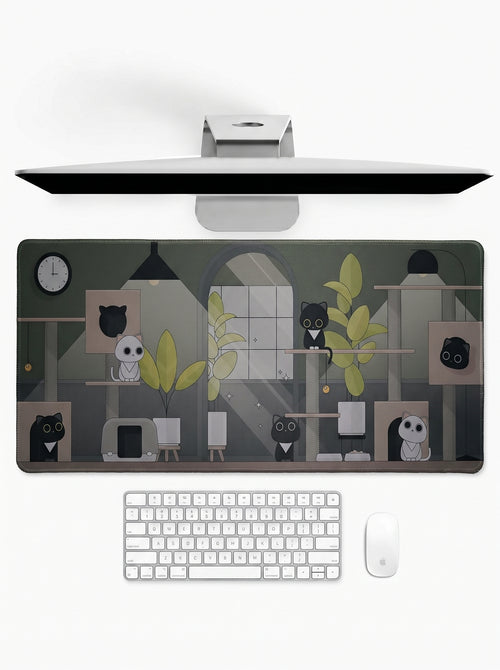 Cozy Cat Haven deskmat featuring cute cats, indoor plants, and cozy room artwork with stitched edges