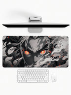 Crimson Fury anime-inspired deskmat featuring intense character artwork with glowing crimson eyes