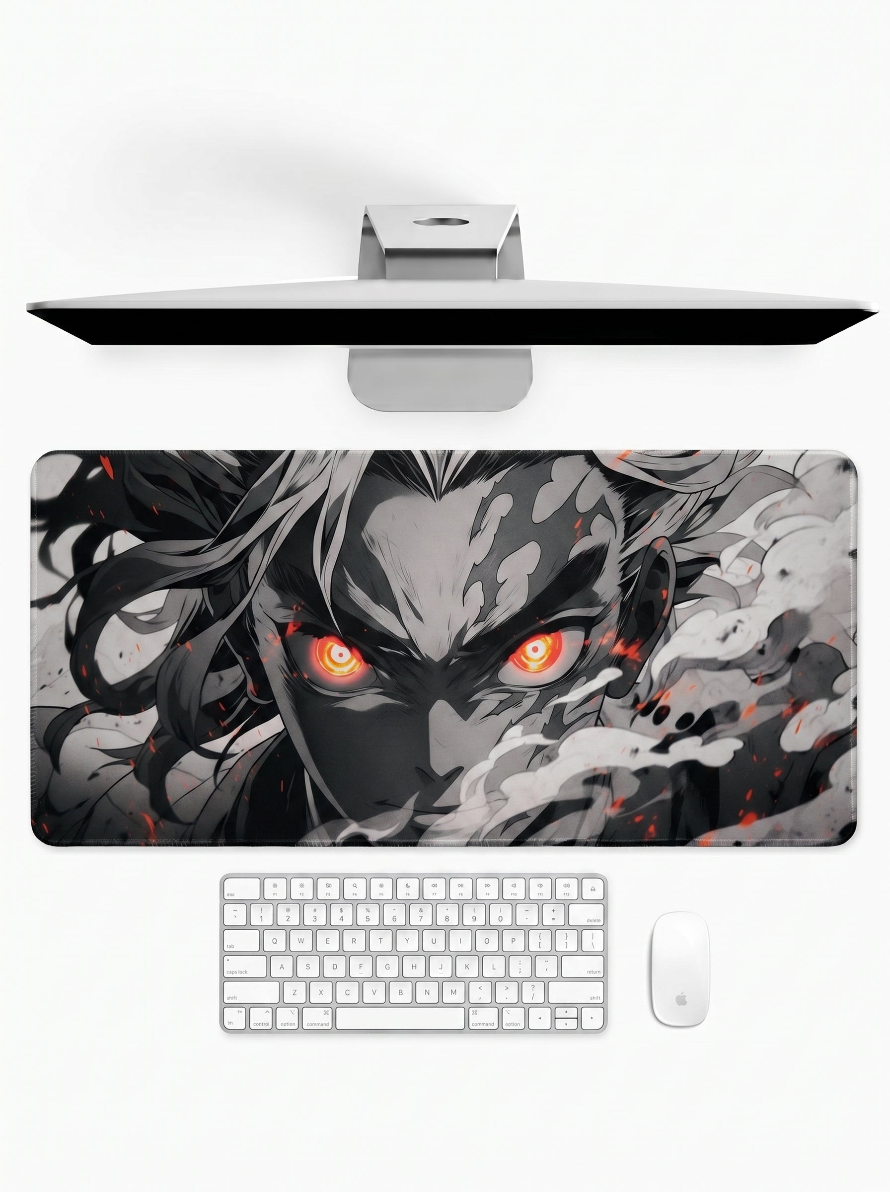 Crimson Fury anime-inspired deskmat featuring intense character artwork with glowing crimson eyes