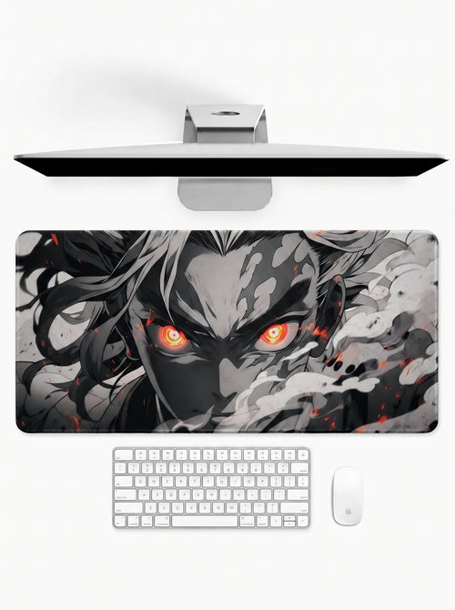 Crimson Fury anime-inspired deskmat featuring intense character artwork with glowing crimson eyes