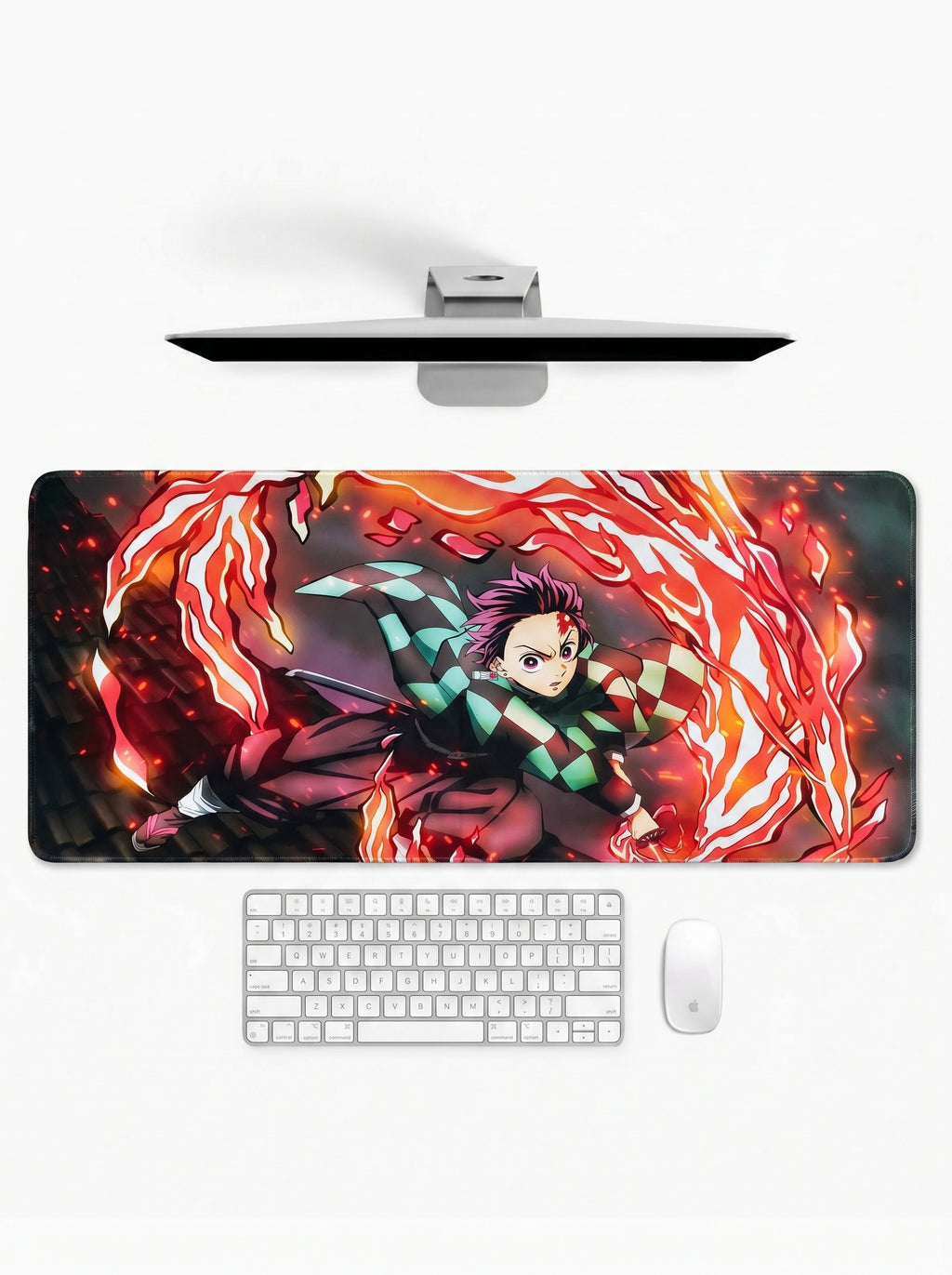 Crimson Slash XL deskmat featuring anime-inspired fiery action artwork