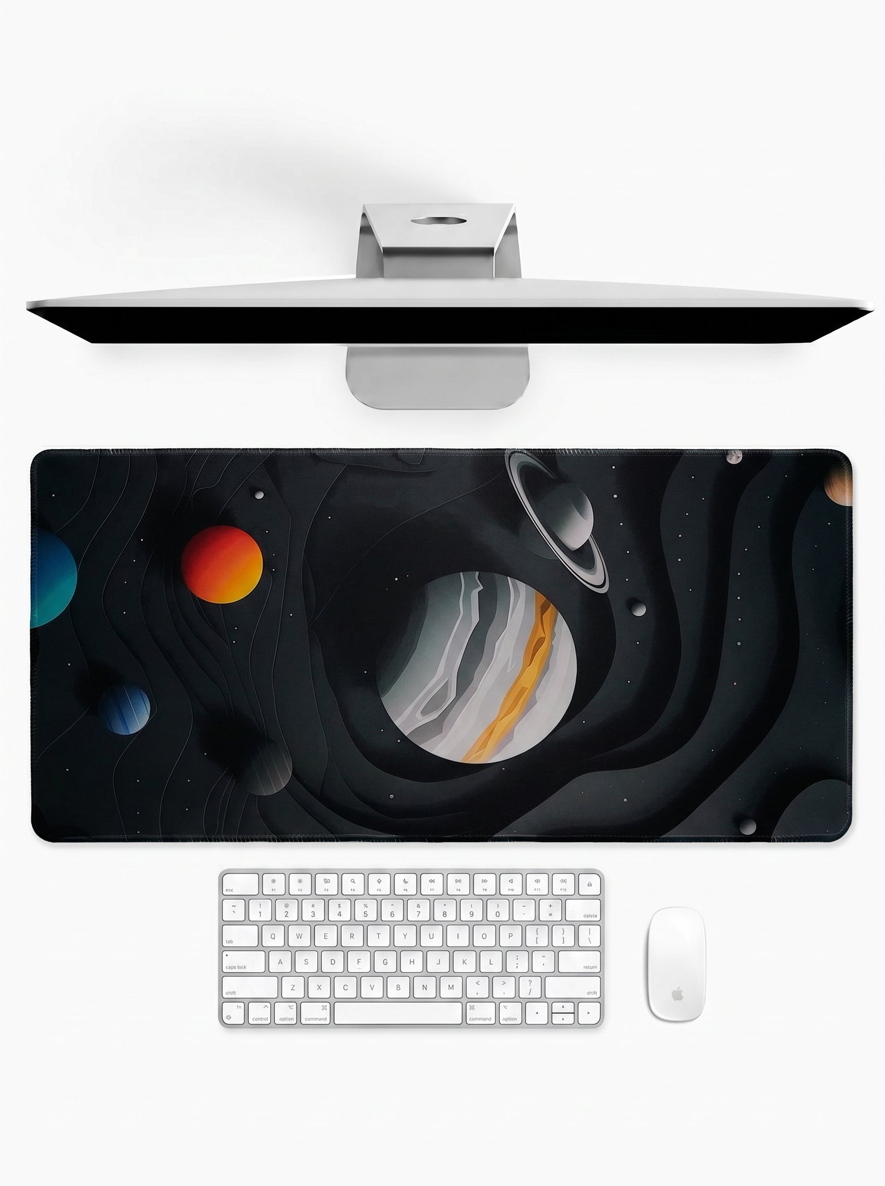 Deep Space Topo deskmat featuring planets, stars, and layered cosmic landscape artwork