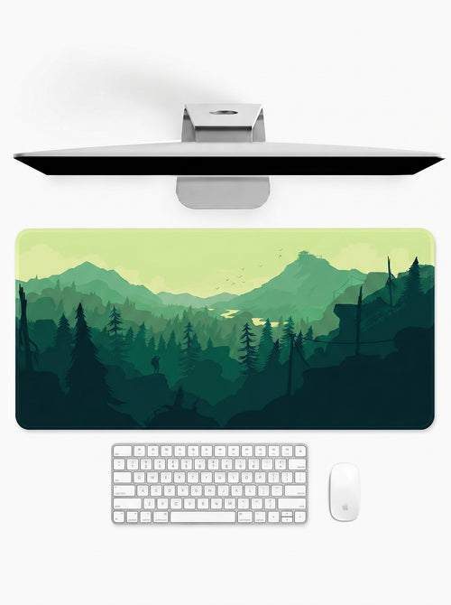 Emerald Valley Explorer deskmat featuring mountain landscapes, pine forests, and nature-inspired artwork