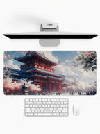 Fuji Blossom Shrine deskmat featuring Japanese temple architecture and cherry blossoms