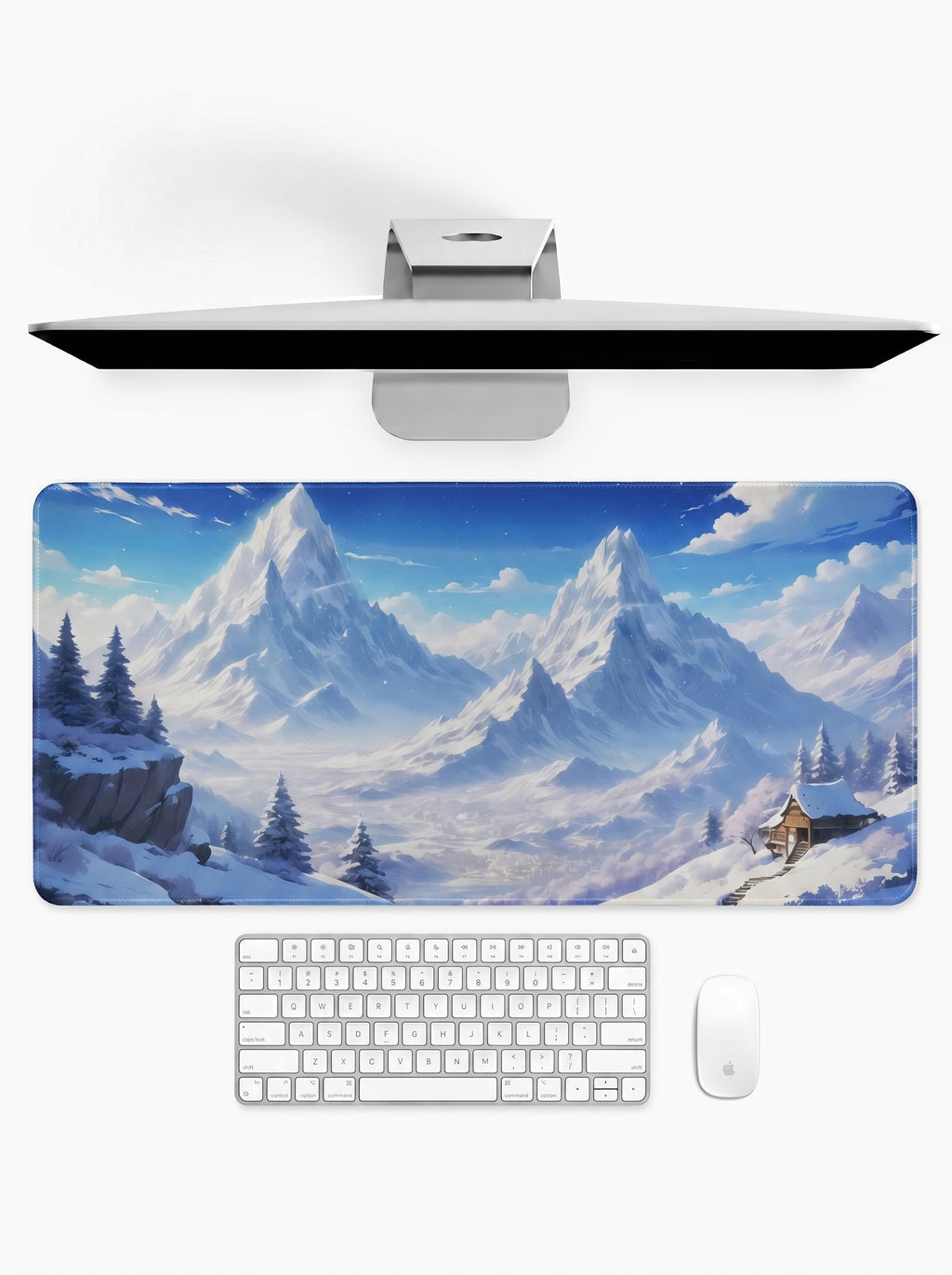 Glacier Cabin deskmat featuring snowy mountain peaks and a cozy alpine cabin