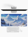 Glacier Cabin deskmat featuring snowy mountain peaks and a cozy alpine cabin