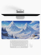Glacier Cabin deskmat featuring snowy mountain peaks and a cozy alpine cabin