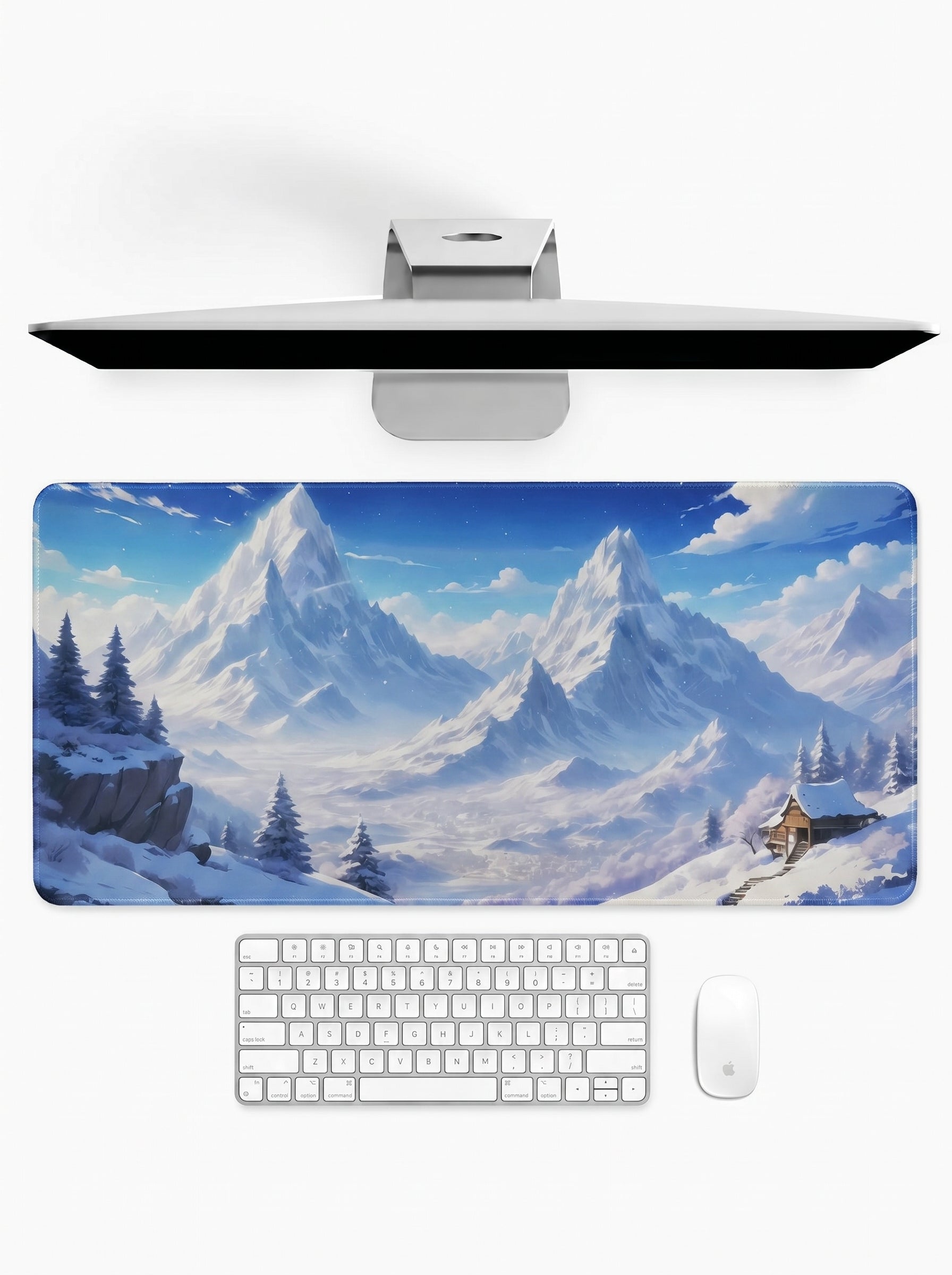 Glacier Cabin deskmat featuring snowy mountain peaks and a cozy alpine cabin