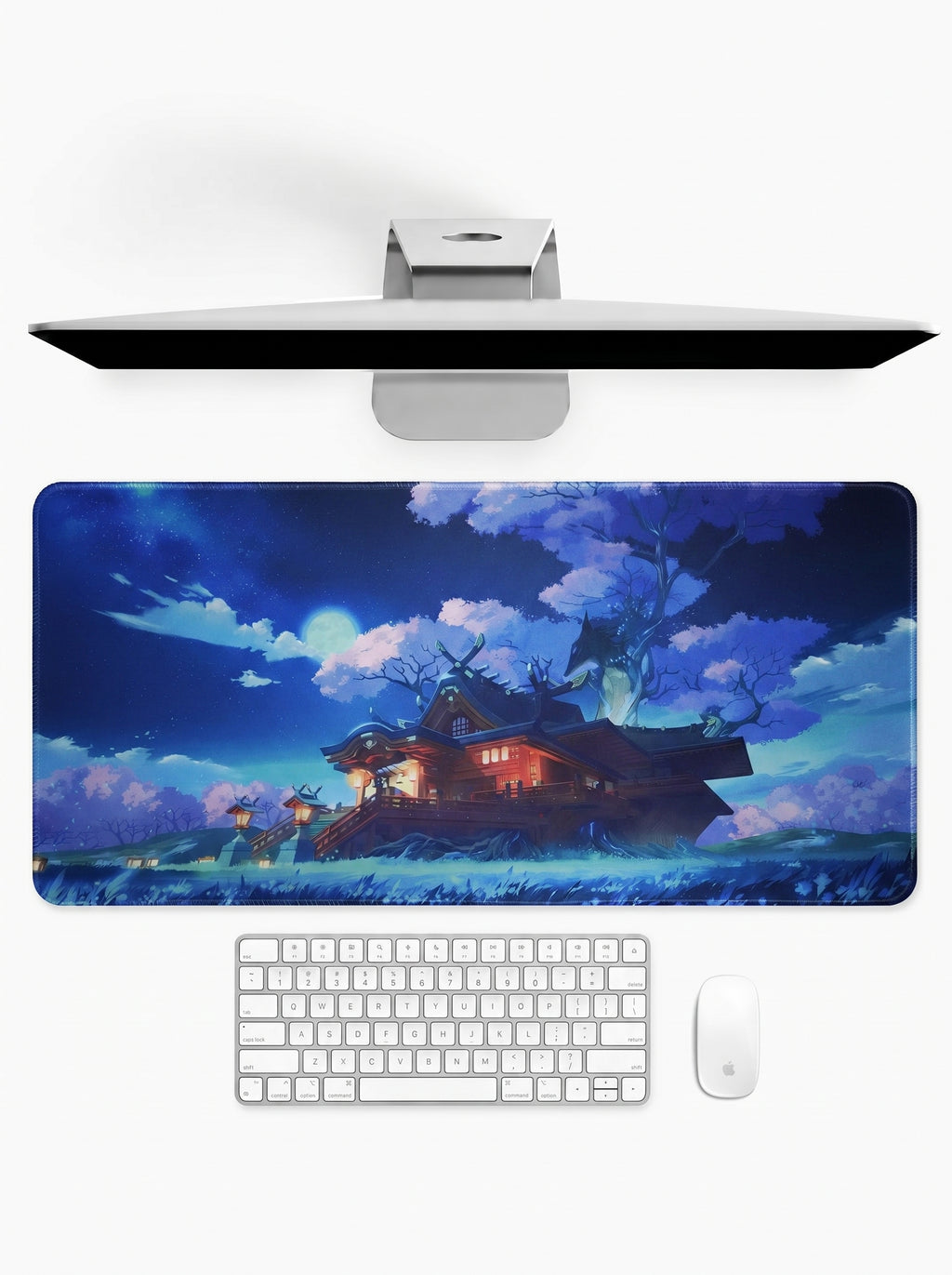 Grand Narukami Shrine deskmat featuring a moonlit shrine, glowing lanterns, and mystical sakura trees. Premium stitched deskmat, 23" × 11".