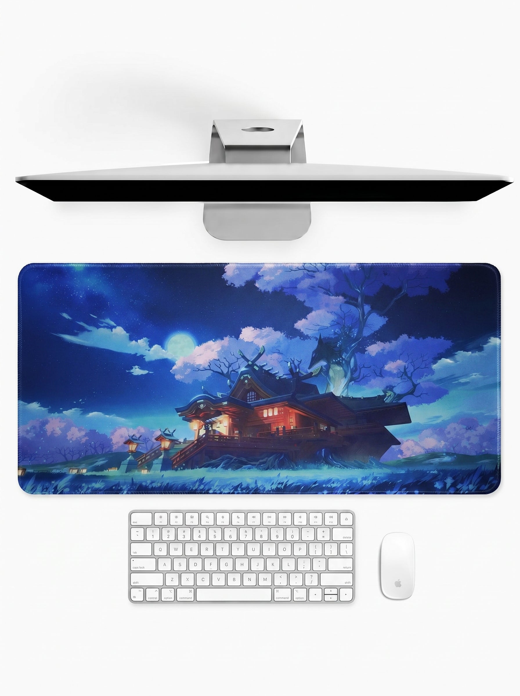 Grand Narukami Shrine deskmat featuring a moonlit shrine, glowing lanterns, and mystical sakura trees. Premium stitched deskmat, 23" × 11".