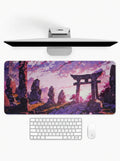 Japanese Torii Gate deskmat featuring sakura blossoms, stone pathways, and traditional Japanese shrine artwork