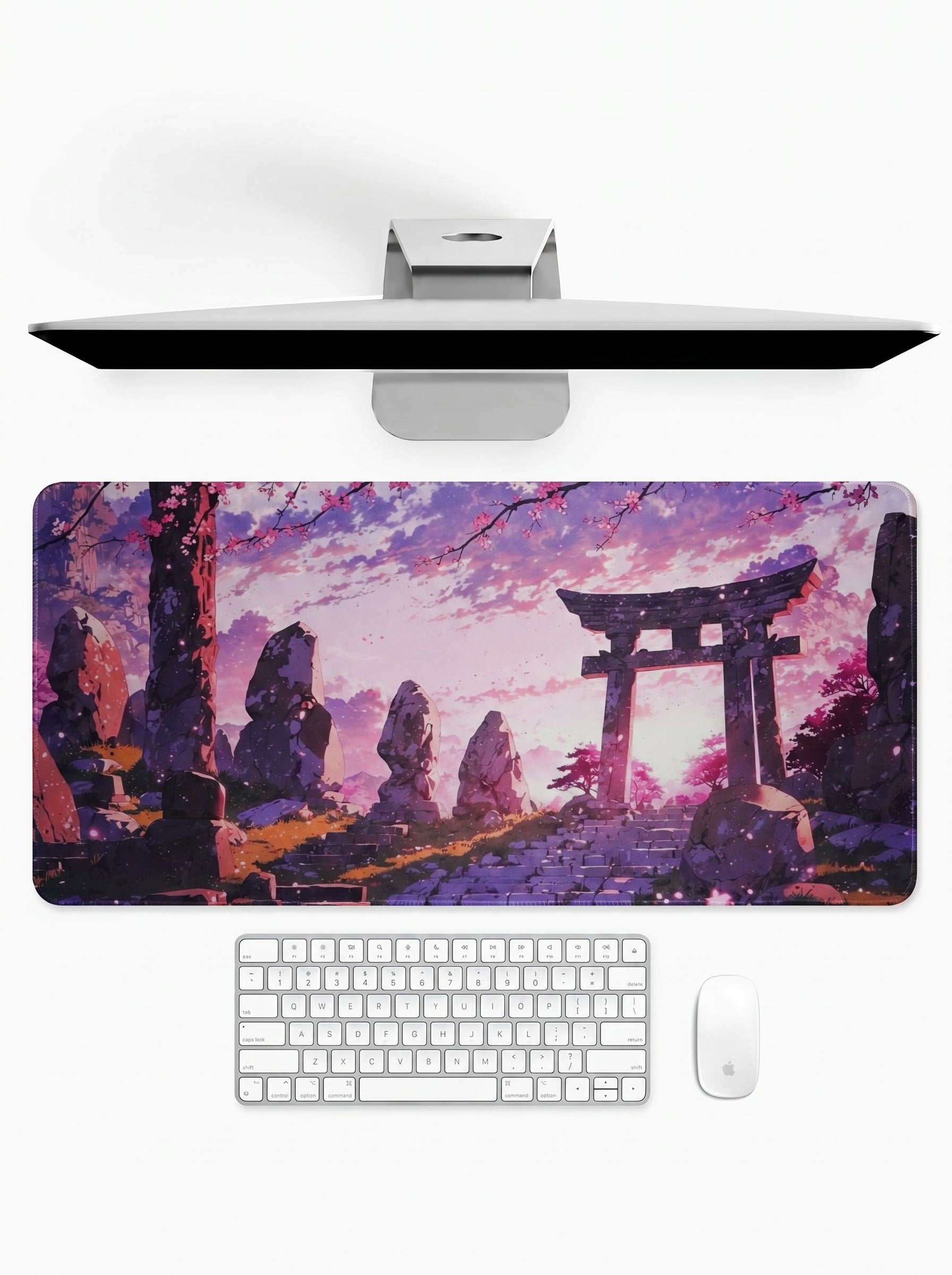 Japanese Torii Gate deskmat featuring sakura blossoms, stone pathways, and traditional Japanese shrine artwork