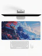 Kyoto Serenity Temple deskmat featuring Japanese pagodas, cherry blossoms, and mountain landscapes