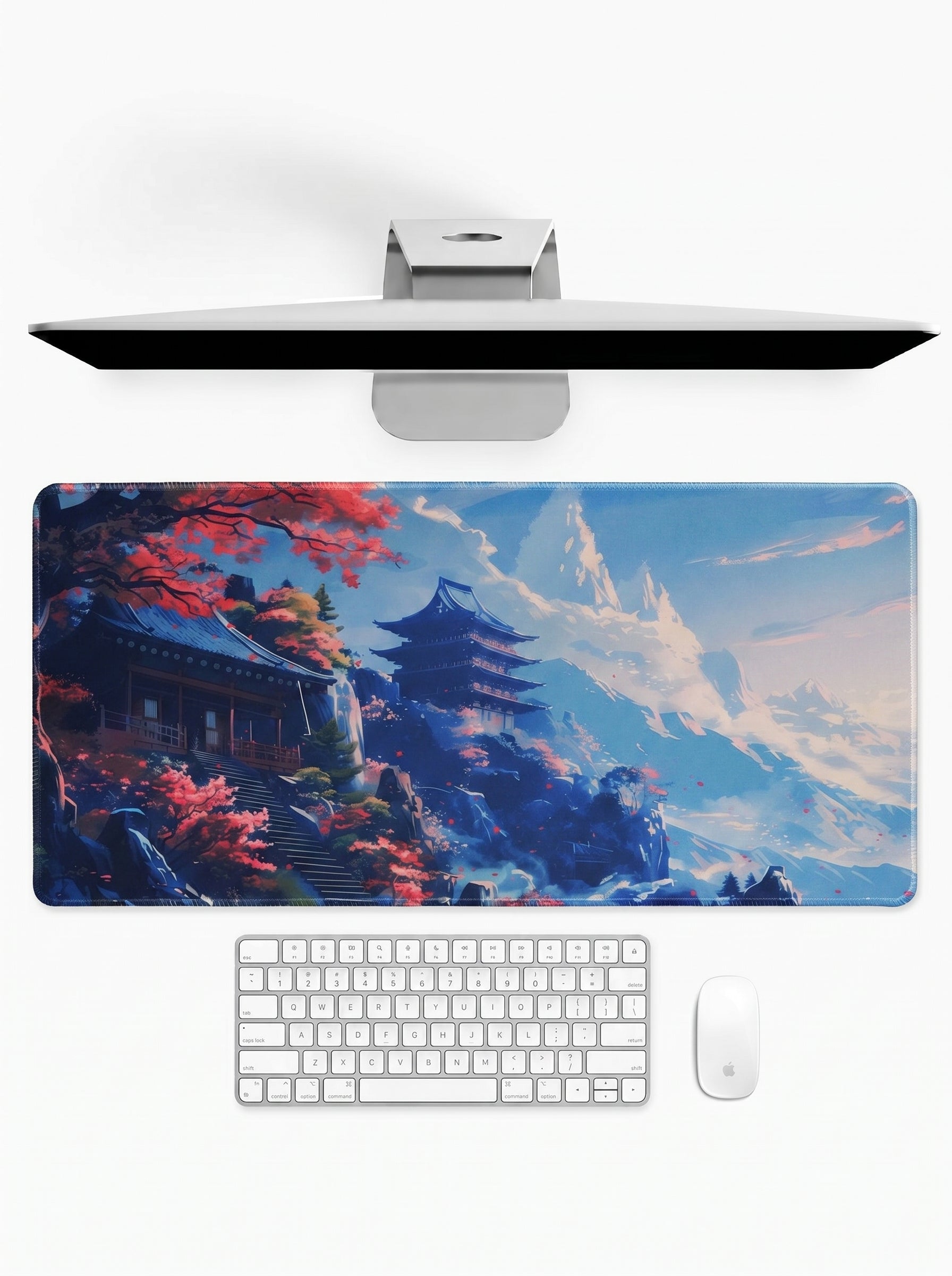 Kyoto Serenity Temple deskmat featuring Japanese pagodas, cherry blossoms, and mountain landscapes