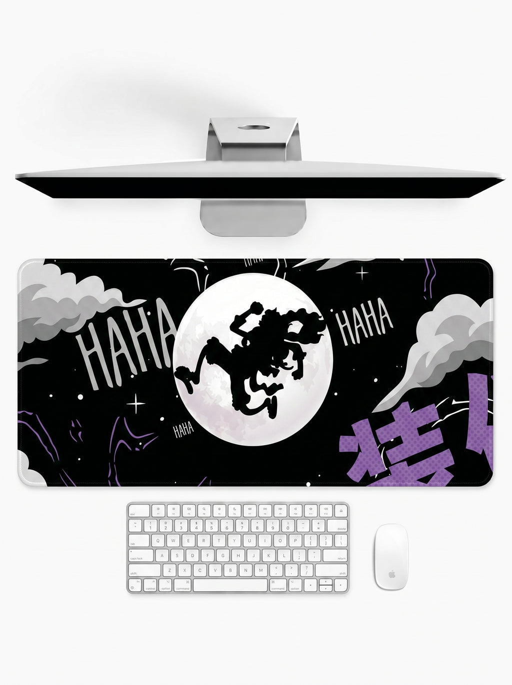 Laughing Moon deskmat featuring a moonlit silhouette with comic-inspired black and white artwork