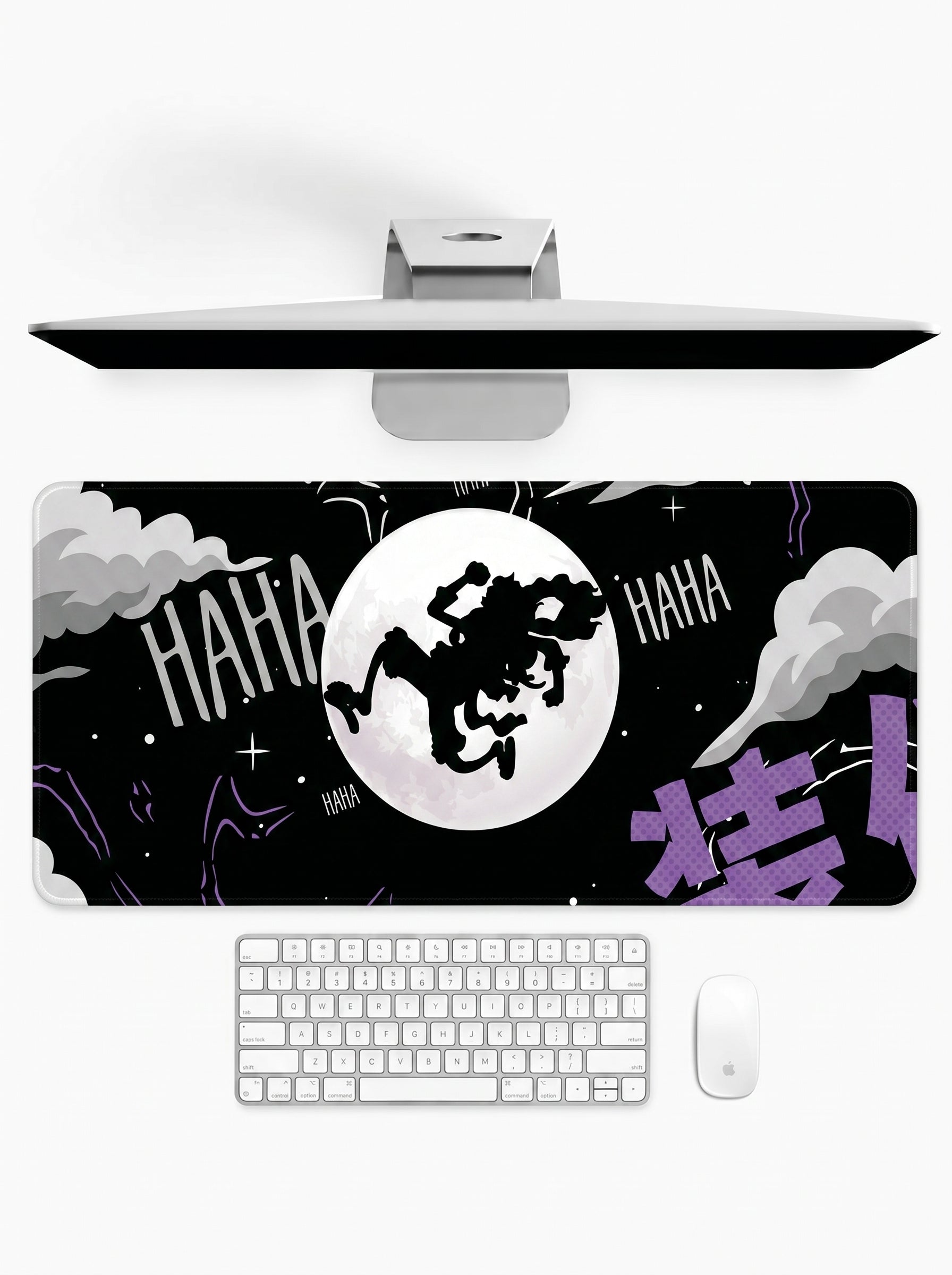 Laughing Moon deskmat featuring a moonlit silhouette with comic-inspired black and white artwork