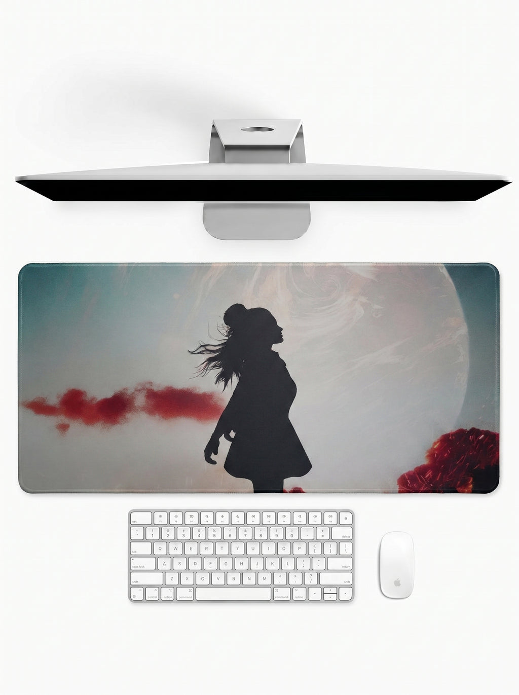 Lunar Silhouette deskmat featuring a moonlit silhouette figure with artistic landscape artwork and stitched edges