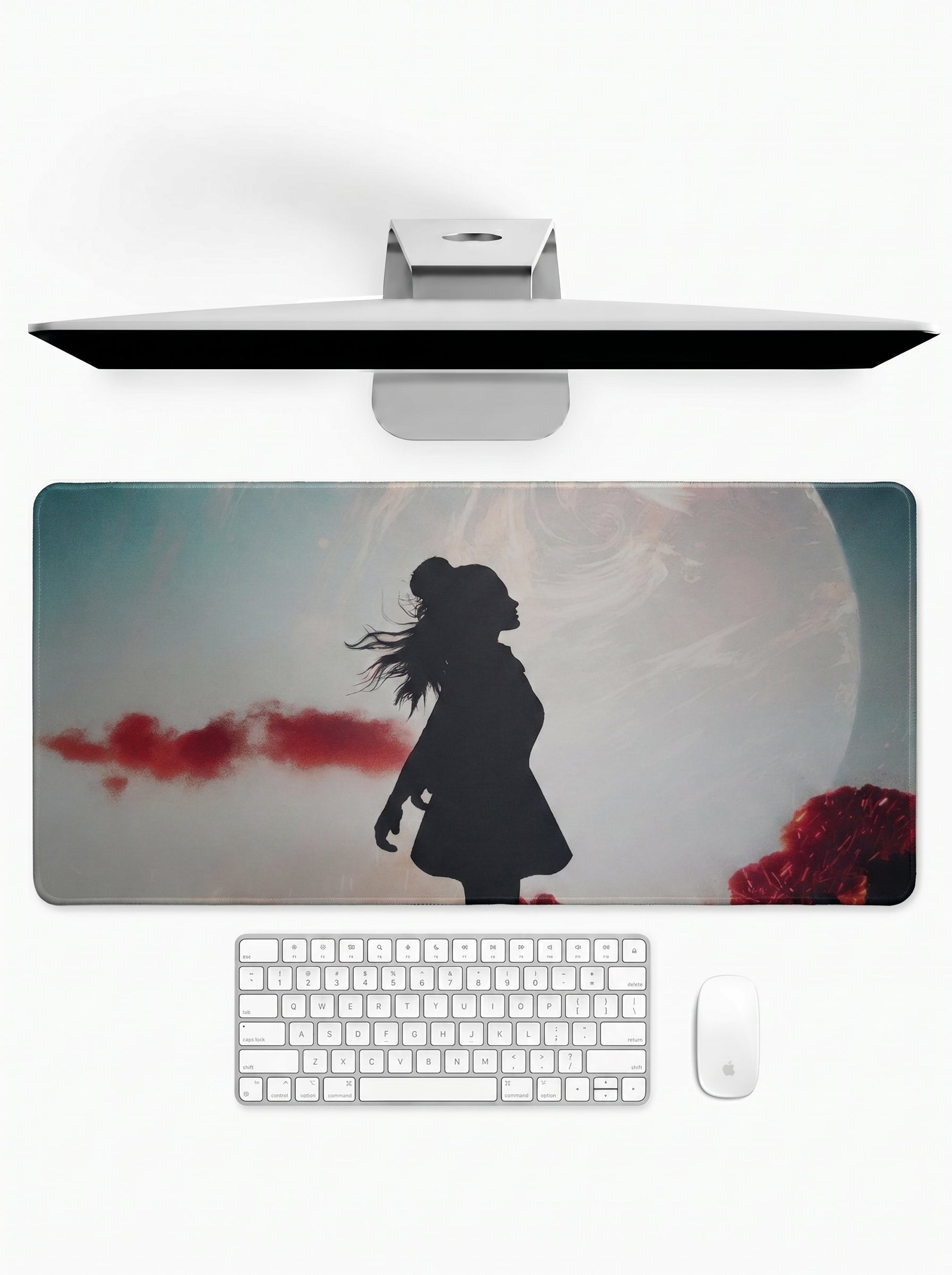 Lunar Silhouette deskmat featuring a moonlit silhouette figure with artistic landscape artwork and stitched edges