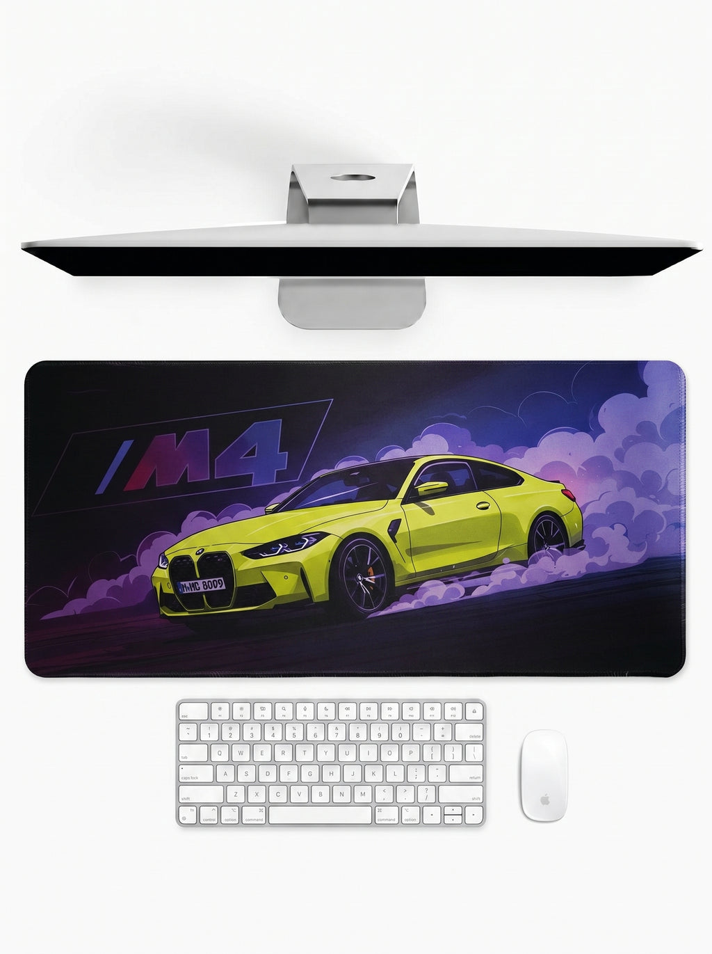 M4 Apex deskmat featuring a high-performance sports coupe in neon lighting