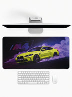 M4 Apex deskmat featuring a high-performance sports coupe in neon lighting