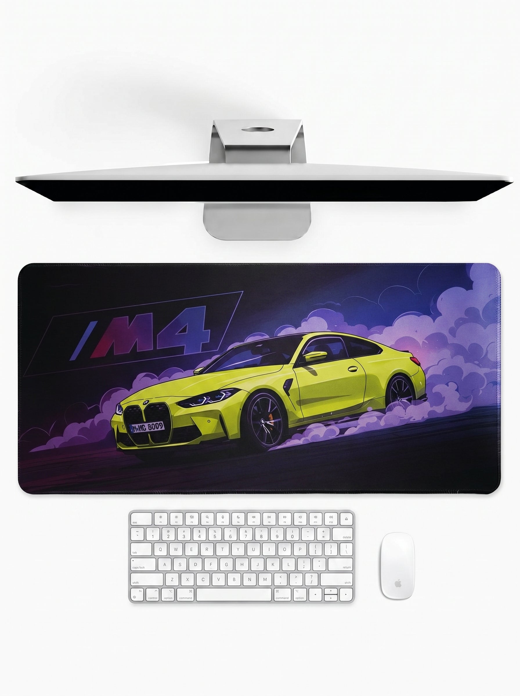 M4 Apex deskmat featuring a high-performance sports coupe in neon lighting
