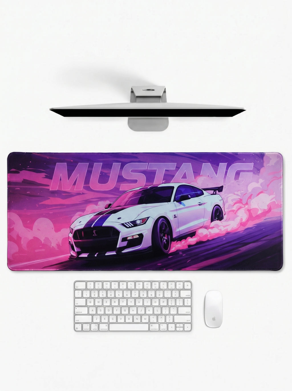 Mustang Drift XL deskmat featuring a white muscle car drifting through neon smoke