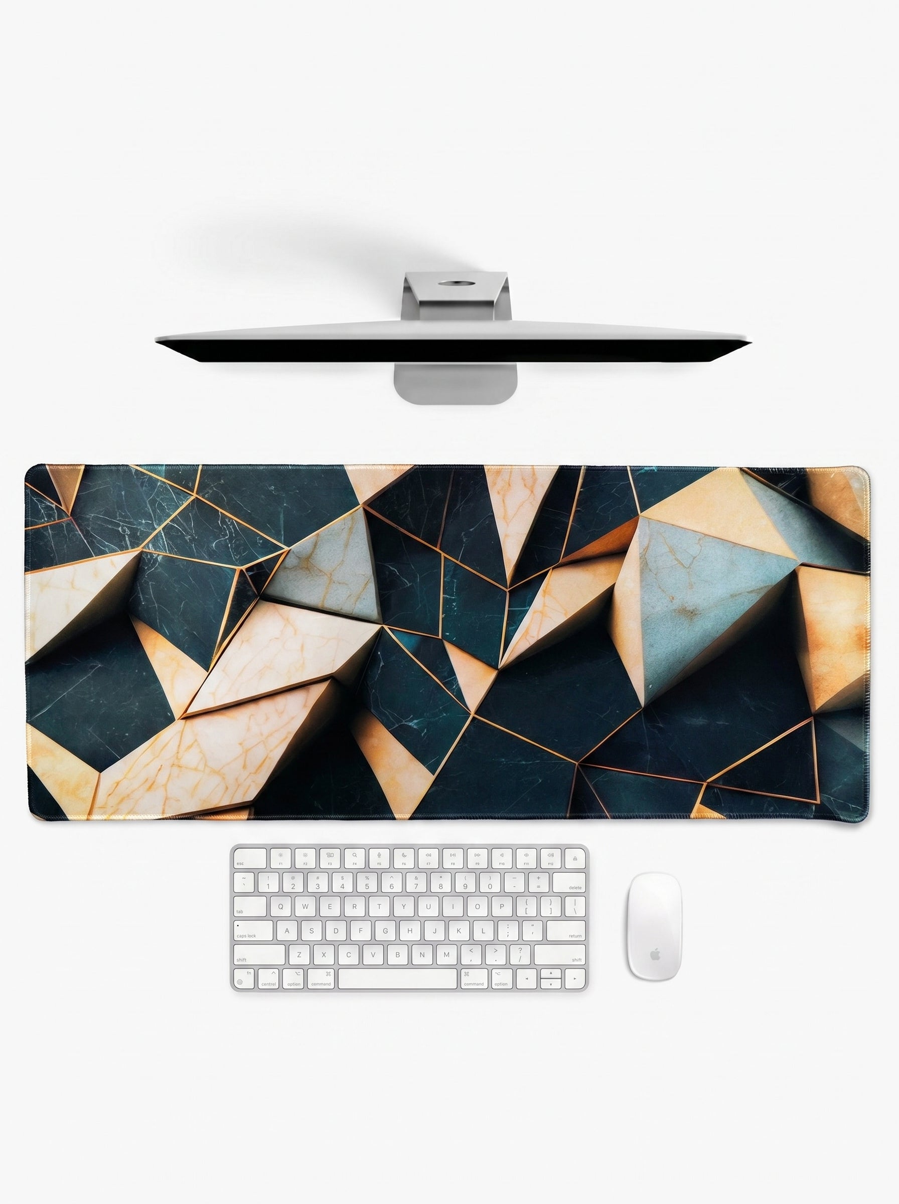 Obsidian XL deskmat featuring geometric marble textures with gold-lined patterns