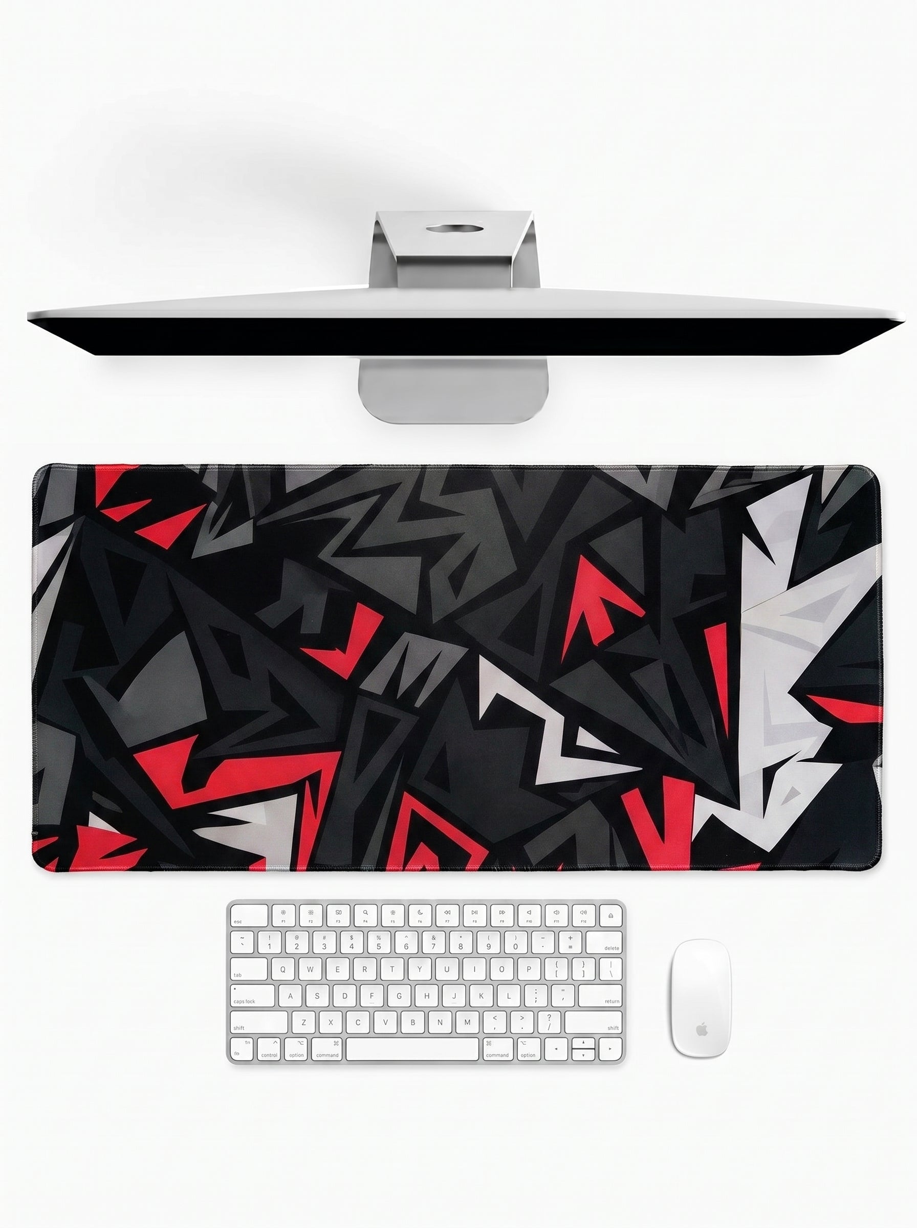 Rogue deskmat featuring abstract black, red, and white geometric design