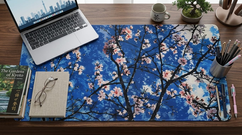 Sakura Sky deskmat featuring cherry blossom branches against a bright blue sky