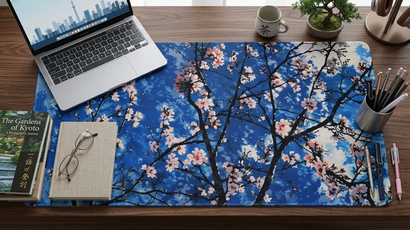 Sakura Sky deskmat featuring cherry blossom branches against a bright blue sky