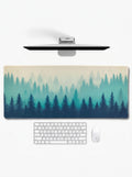 Serene Forest XL deskmat featuring misty pine forests in calming blue tones