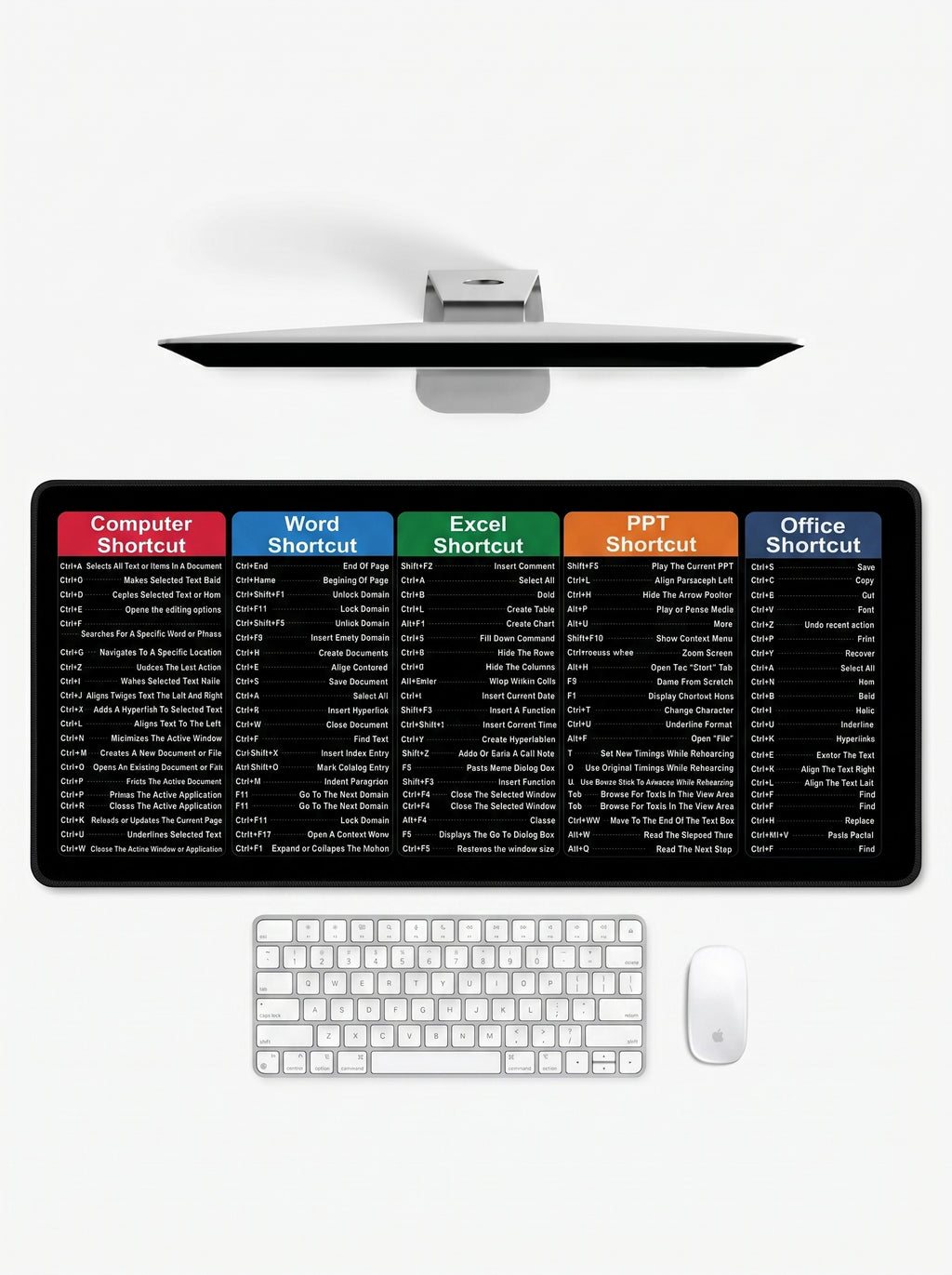 Shortcut Pro Max XL deskmat displaying computer, Word, Excel and PowerPoint shortcuts