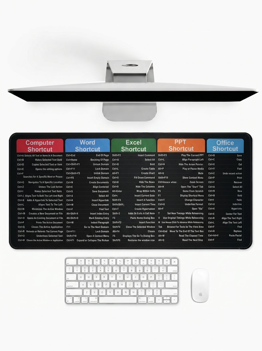 Shortcut Pro deskmat displaying computer, Word, Excel and PowerPoint shortcuts