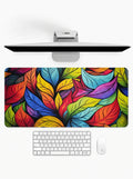 Stained Glass Flora deskmat featuring colorful botanical leaf artwork and stitched edges