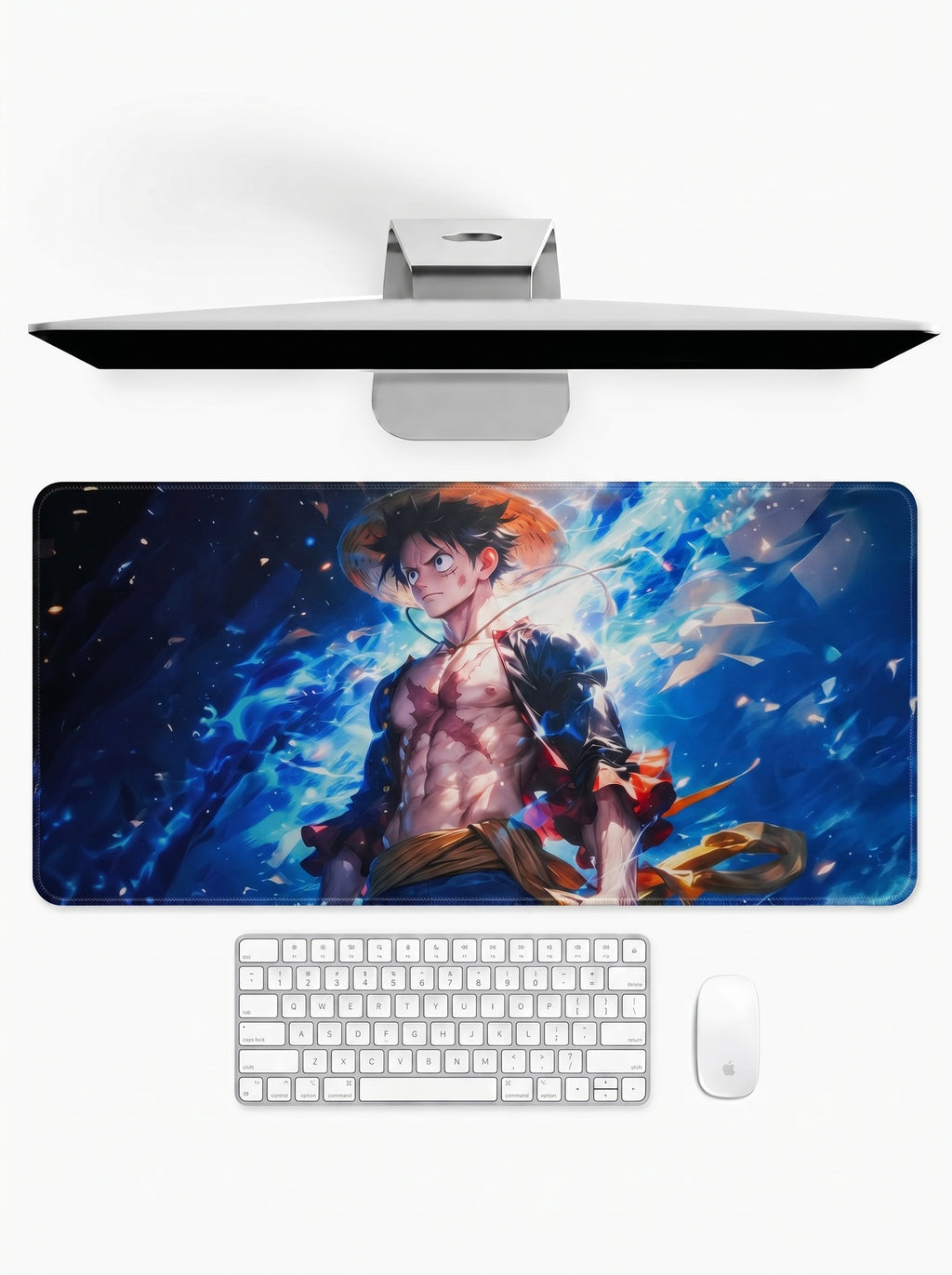 Straw Hat Captain deskmat featuring an anime pirate surrounded by blue energy effects
