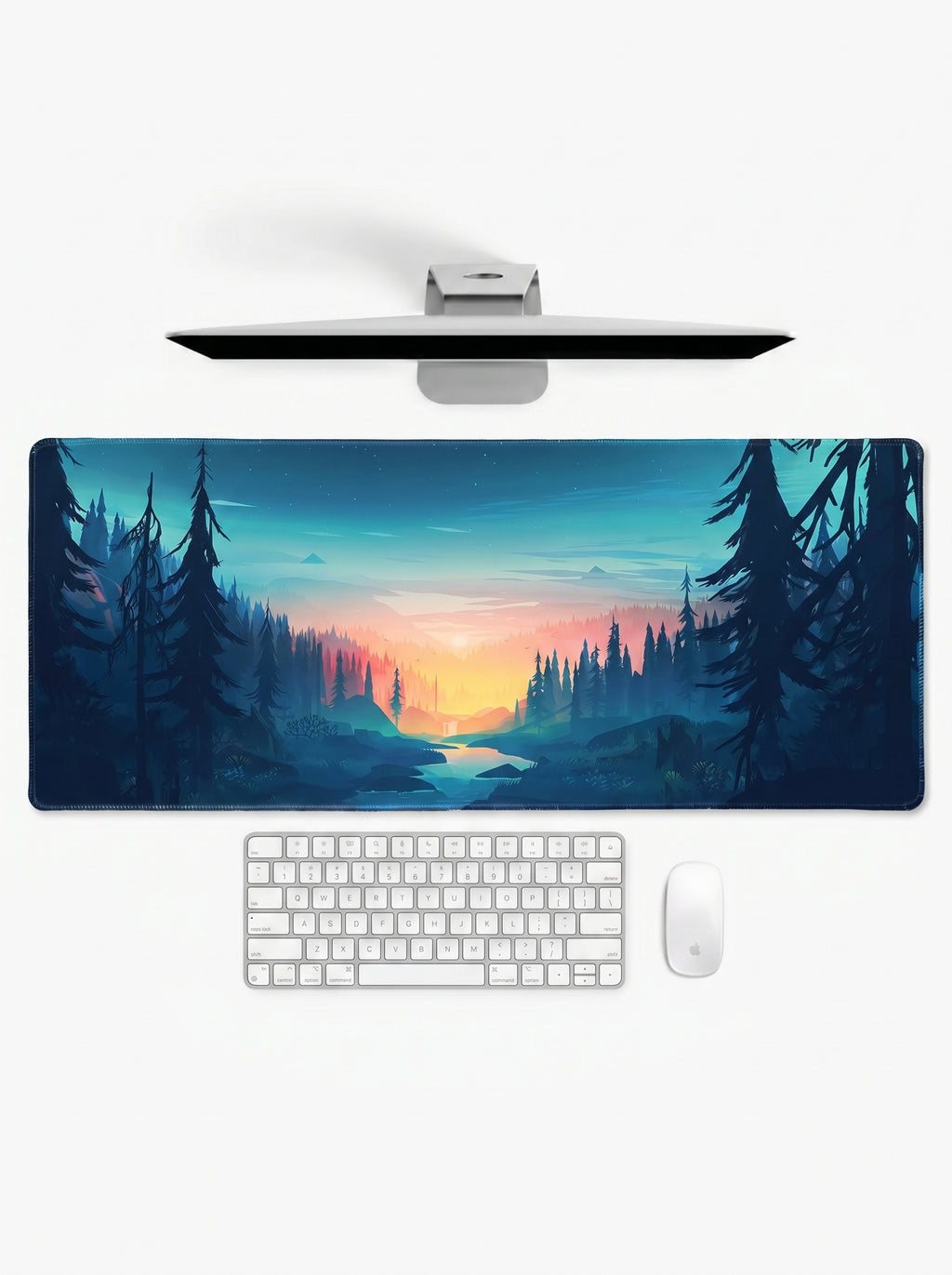 Twilight Valley XL deskmat featuring a forest river landscape at sunset