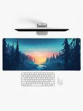 Twilight Valley XL deskmat featuring a forest river landscape at sunset