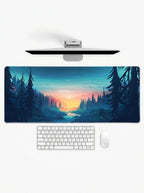 Twilight Valley XL deskmat featuring a forest river landscape at sunset