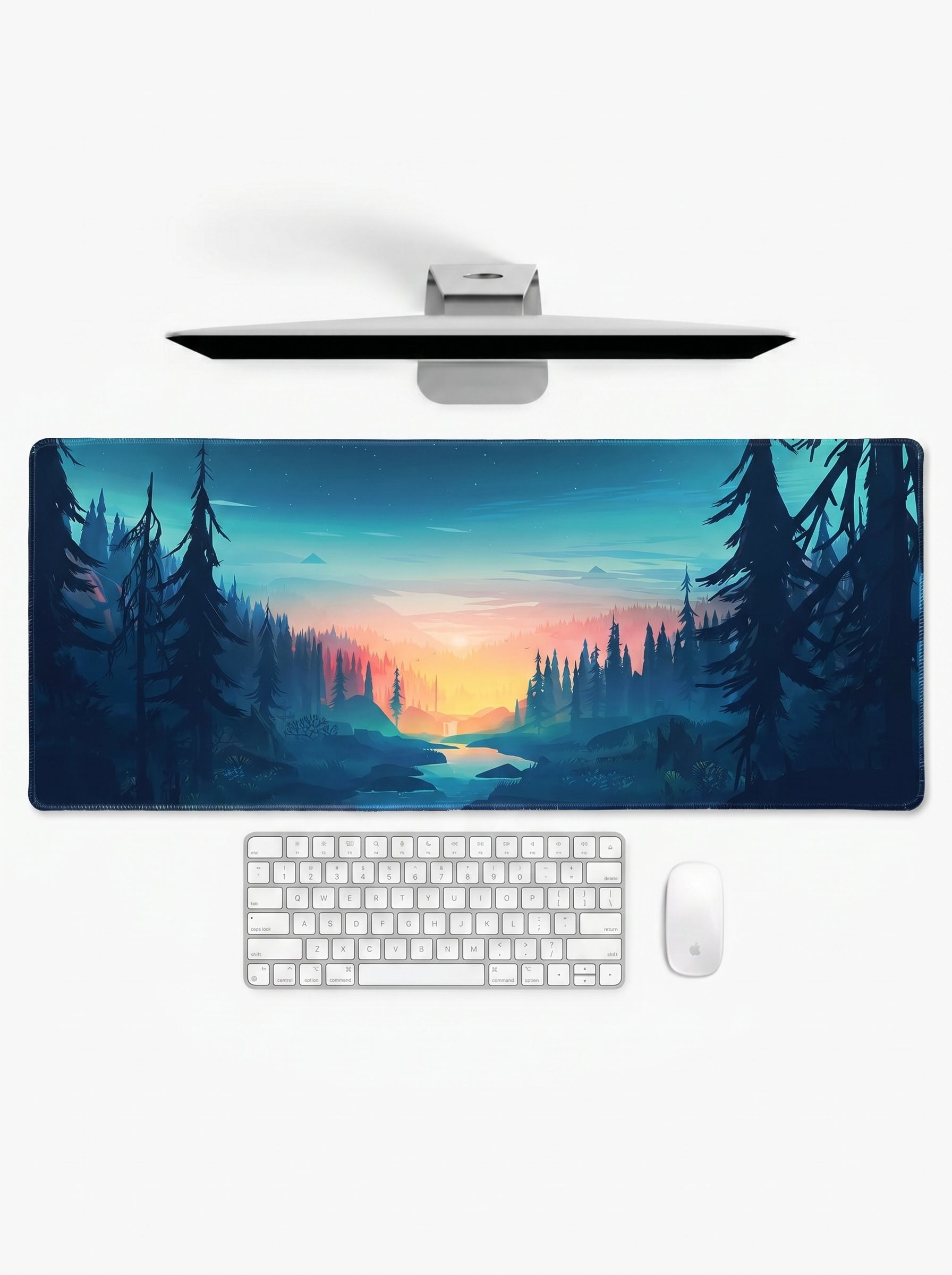 Twilight Valley XL deskmat featuring a forest river landscape at sunset