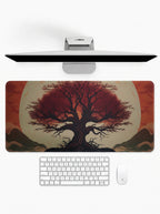 Tree of Life deskmat featuring a detailed ancient tree illustration with stitched edges