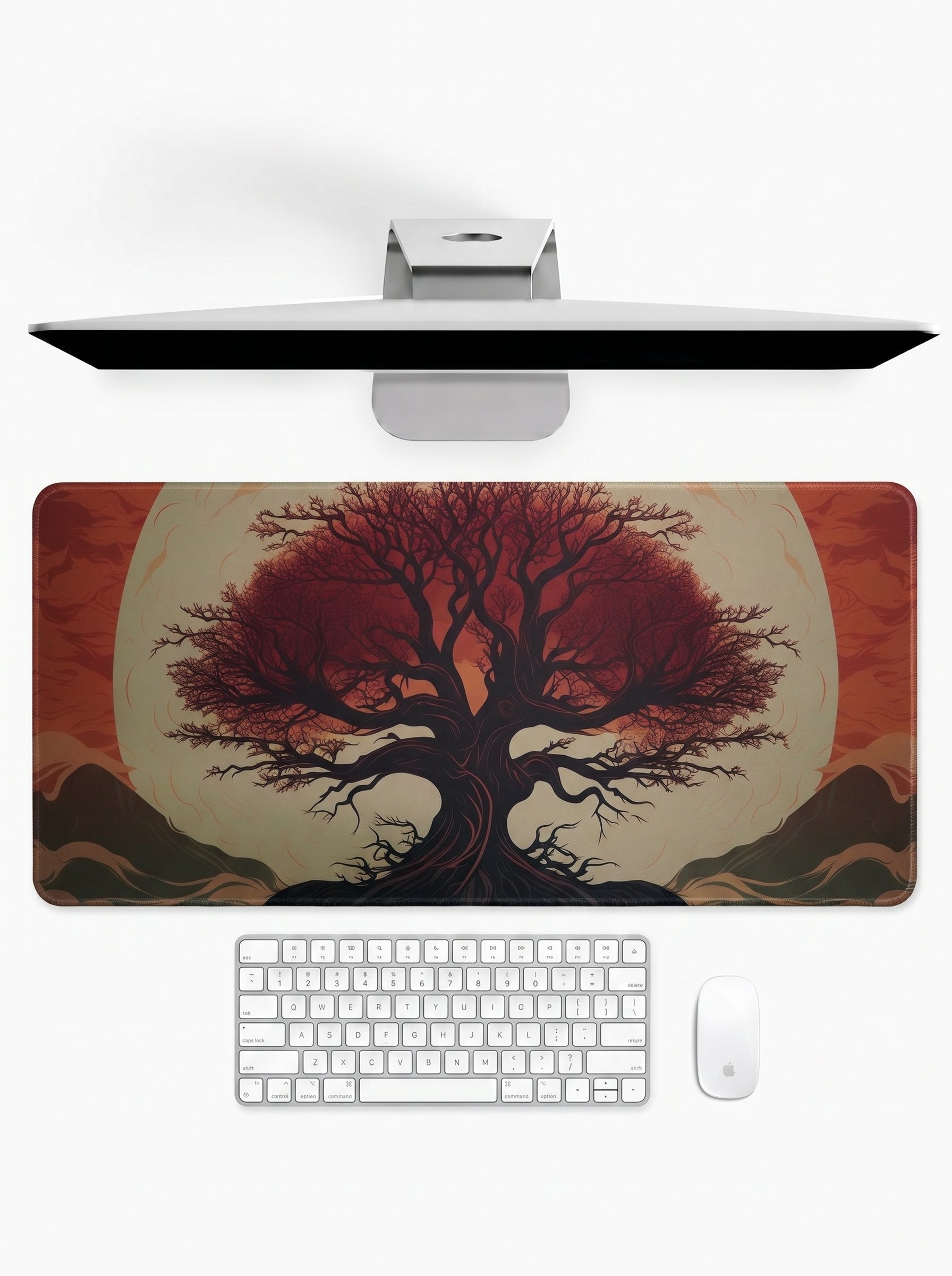 Tree of Life deskmat featuring a detailed ancient tree illustration with stitched edges