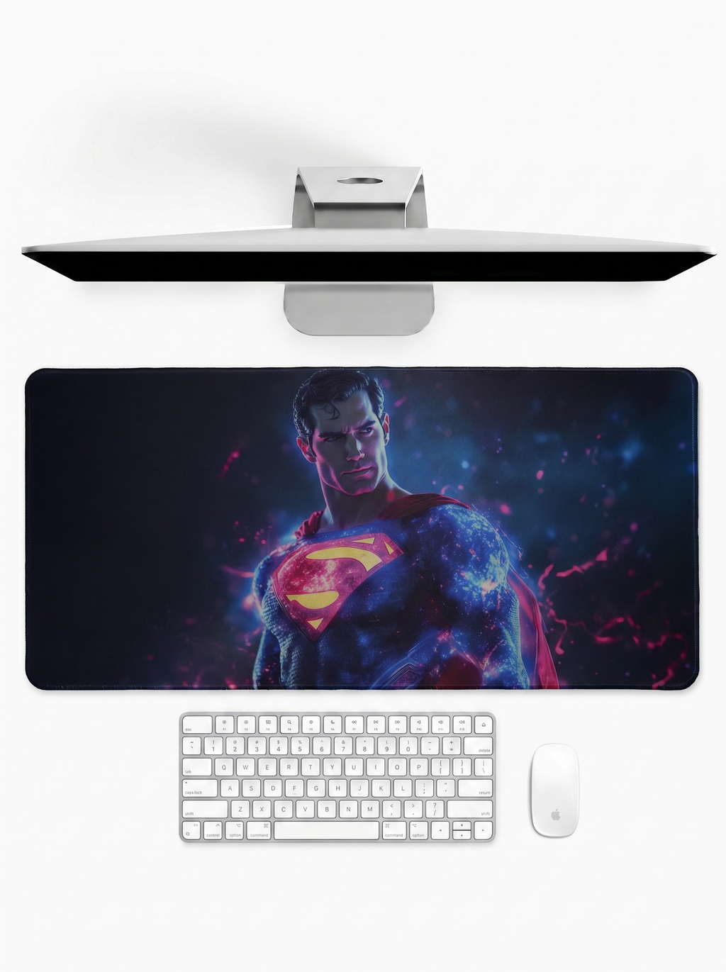 Cosmic Superman deskmat with galaxy-inspired superhero artwork and stitched edges