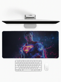 Cosmic Superman deskmat with galaxy-inspired superhero artwork and stitched edges