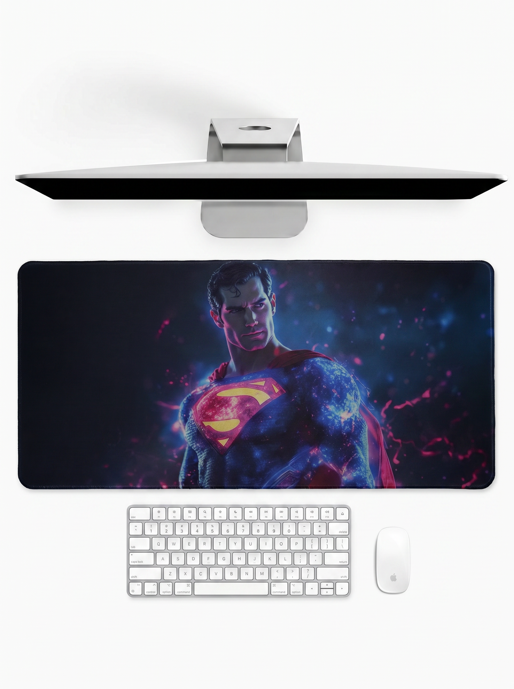Cosmic Superman deskmat with galaxy-inspired superhero artwork and stitched edges
